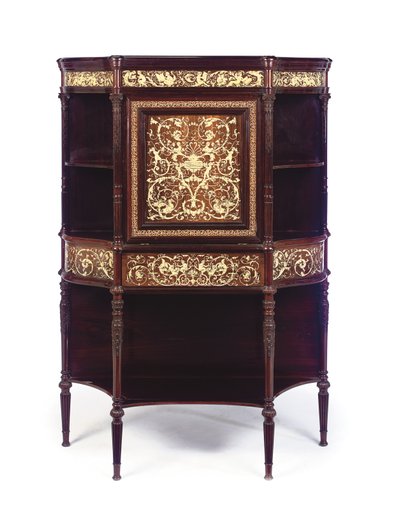 An English ivory-inlaid rosewood and marquetry secretaire, late 19th century by Collinson and Lock