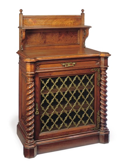 Mid-Victorian Gothic carved walnut and brass-mounted side cabinet, late 19th century by Collinson and Lock