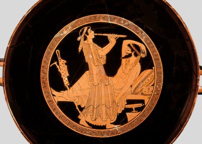 Banquet and double flute player (Detail from kylix or Attic red-figure cup, c.490 BC) by Colmar Painter
