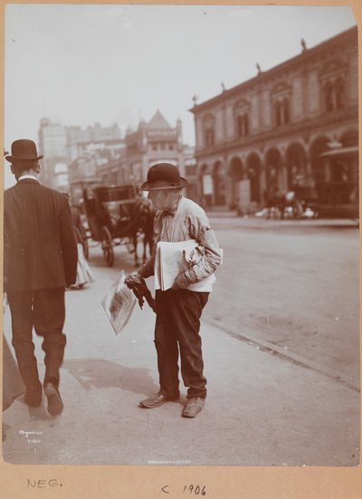 A man standing on the sidewalk of Broadway between 34th St. and 35th St. holding The Evening Telegram newspaper by Company Byron