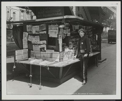 Blind news dealer, P.J. McNulty at his stand at the north east corner of 3rd Avenue & 42nd Street by Company Byron