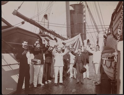 Officers and crew toasting with champagne and cigars on the deck of the S.S. Umbria, c.1897 by Company Byron