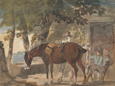 A Horse, Dog and Figures outside a Cottage by Conrad Gessner