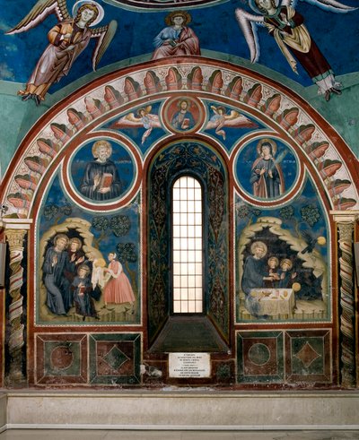 Different episodes of the life of Saint Benedict of Nursia: on the left a woman stretches a piece of poison bread to Saint Benedict, on the right a raven takes the bread and saves Saint Benedict. Fresco by Master Consolo by Consolo 