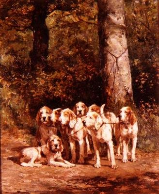 Sporting Dogs in a Wooded Landscape by Constant Emile Troyon