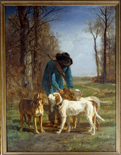 Hunter guards stop by his dogs. by Constant Emile Troyon