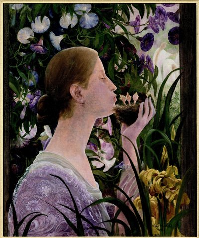The Nest. Young Woman in Profile, in a Flower Garden, Holding a Nest and Kissing Baby Birds by Constant Montald