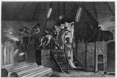 Inside a glassware, in Lodelinsart (or Lodlinsat, in the town of Charleroi). Engraving by Constant Meunier, to illustrate the story 
