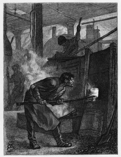 Puddleur has his oven, in a factory in Jumet. Engraving by Constant Meunier, to illustrate the story 