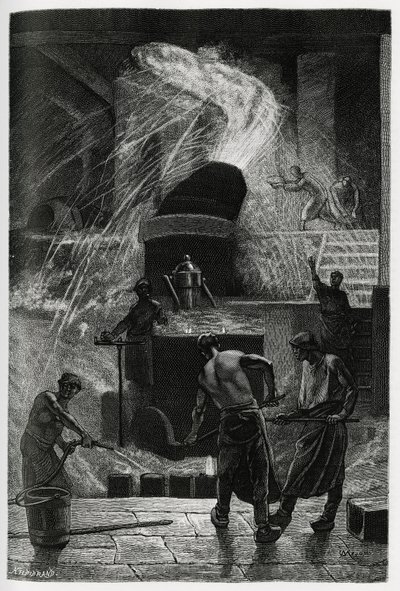 The casting of steel at the cockerill establishments in Seraing. Engraving by C.Meunier to illustrate the story 