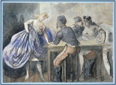 Scene in a Public House, Two Women and Two Soldiers Around a Table, in the Background Left, Other Silhouettes of Women and Men by Constantin Guys