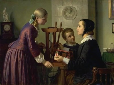 A housewife at her ribbon loom talking to two children by Constantin Hansen