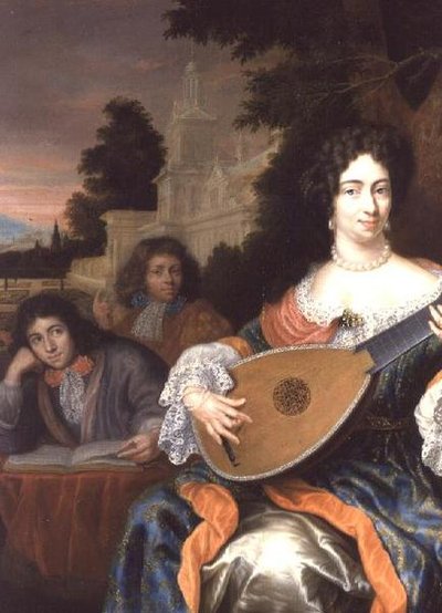 A Woman playing a Lute, with her two sons behind her by Constantin Netscher
