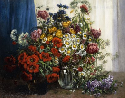 Poppies, Chrysanthemums, Peonies and other Wild Flowers in Glass Vases by Constantin Stoitzner