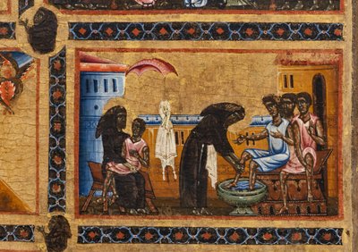 Bardi St. Francis altarpiece and twenty stories of his life, The Bardi Chapel, Detail of the Saint who teaches lepers, while holding one in his arms and washing the feet of the others by Coppo di Marcovaldo