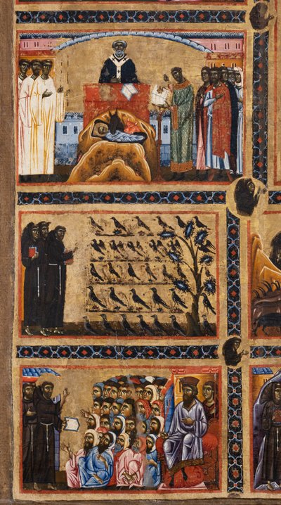 Bardi St. Francis Altarpiece and Twenty Stories of His Life, Details from Above: The Creation of the Nativity Scene in Greccio, St. Francis Preaching to Birds, St. Francis Preaching to Muslims in Front of the Sultan by Coppo di Marcovaldo