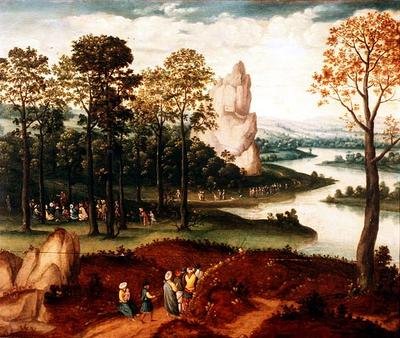 An extensive wooded river landscape with St. John the Baptist preaching by Cornelis (after) Massys