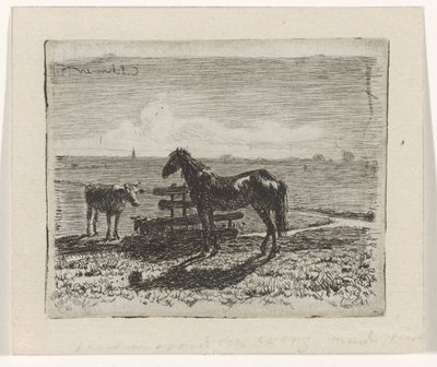 Meadow with a Horse and Two Cows by Cornelis Albertus Johannes Schermer