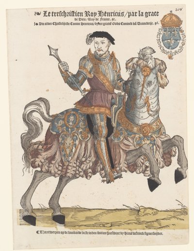 Portrait of Henry II of France in Armor on Horseback, Facing Right by Cornelis Anthonisz. (manner of)