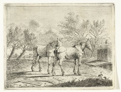 Pastoral Landscape with Two Horses by a Bridge and Farmhouse by Cornelis  Bisschop