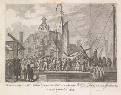 Arrival of the Wounded Prince Willem George Frederik in Rotterdam, 1793 (title on object: Arrival of Z.D.H. Willem George Fredrik van Oranje, in Rotterdam, after his injuries, September 15, 1793) by Cornelis Brouwer