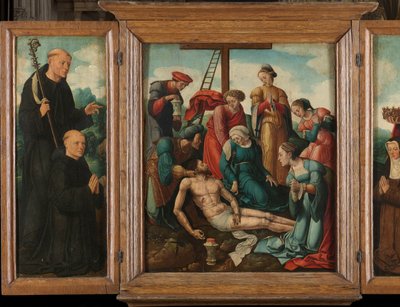 Triptych with the Lamentation of Christ (center), flanked by the male Donor with Saint Benedict (left) and female Donor with Saint Elizabeth of Thuringia (right) by Cornelis Cornelisz II Buys (attributed to)