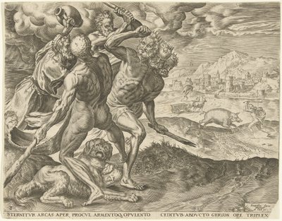 Hercules Kills Geryon and His Dog (Works of Hercules) by Cornelis Cort