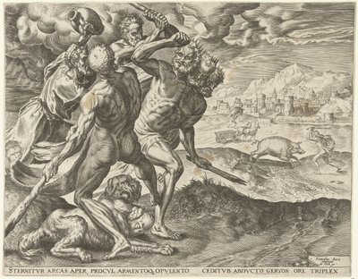 Hercules Kills Geryon and His Dog (Works of Hercules series) by Cornelis Cort