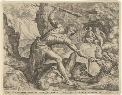 Hercules Dragging Cerberus from Hell, Works of Hercules (series title) by Cornelis Cort