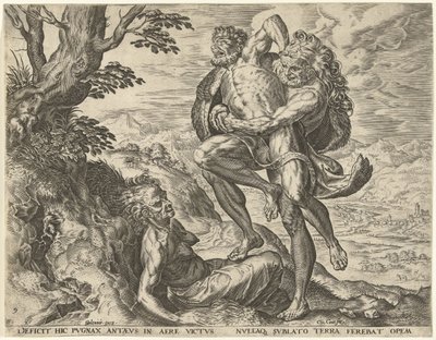 Hercules Wrestling with Antaeus (Works of Hercules) by Cornelis Cort