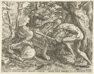 Hercules Strangles the Nemean Lion (Works of Hercules) by Cornelis Cort