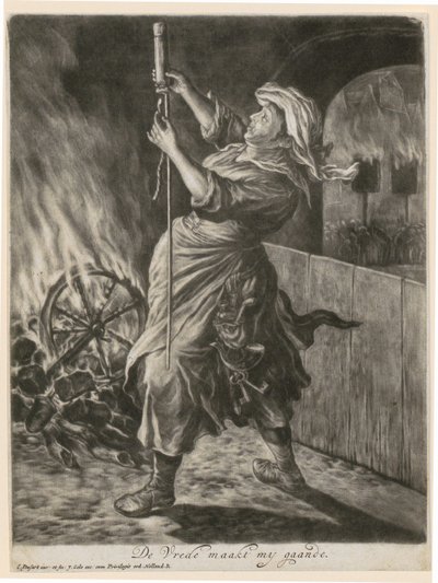 A Woman Lights a Signal Rocket, Plate 5 from the Series "General Joy over the Siege of Namur by William III, 1695" by Cornelis Dusart
