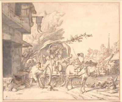 Market Scene with Drunken Peasants in a Wagon in Front of an Inn by Cornelis Dusart