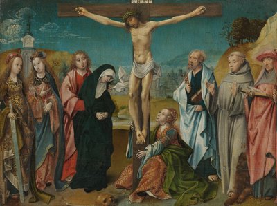 Christ on the Cross, with Mary, John, Mary Magdalene and Sts Cecilia and Barbara (left) and Peter, Francis and Jerome (right) by Cornelis Engebrechtsz