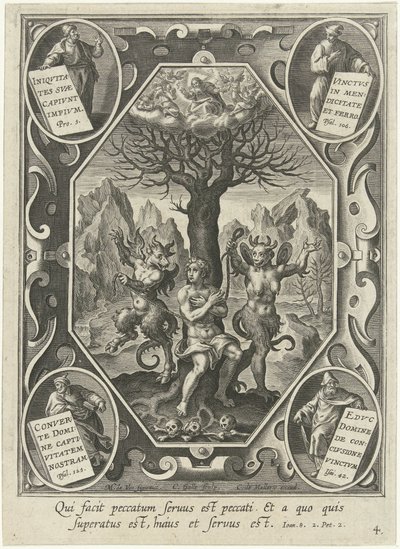 A Young Man Chained to a Tree by Two Devils by Cornelis Galle (I)