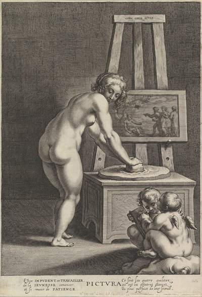 Pictura: Allegory of Painting, with a Nude Woman at Center Grinding Pigments by Cornelis Galle I