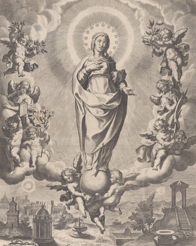 The Virgin in Glory, standing on clouds and surrounded by angels holding the symbols by Cornelis Galle I