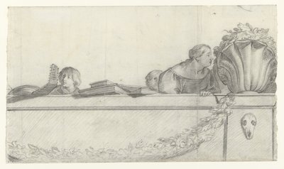 People on a balustrade with festoons (series title: Designs for wall paintings in Honselaersdijk Castle) by Cornelis Holsteyn