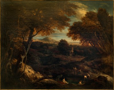 Wide Classical Landscape with Bathing Figures in the Foreground by Cornelis Huysmans
