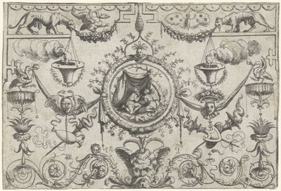 Ornament with Three Figures Kneeling Under a Cloth by Cornelis Massijs (attributed to)