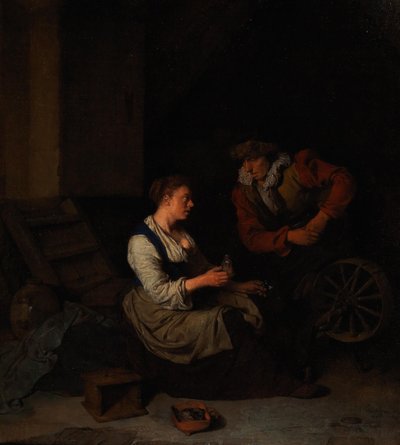 A Cavalier and a Woman at the Spinning Wheel by Cornelis Pietersz. Bega