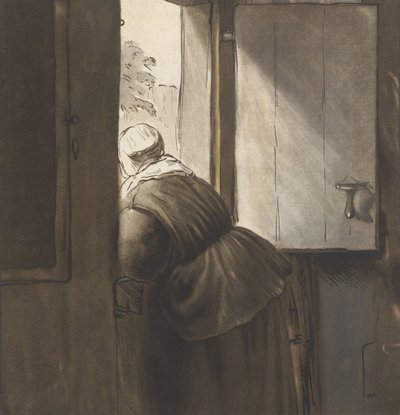 A Woman Leaning on the Bottom Door, after Rembrandt van Rijn by Cornelis Ploos van Amstel