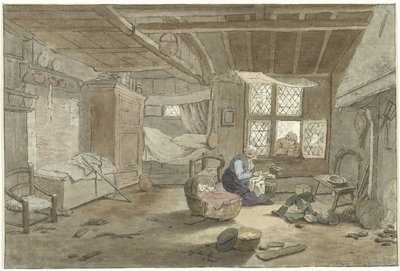 Interior with Woman by Cradle by Cornelis Ploos van Amstel (signed by artist)
