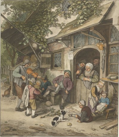 Violinist in Front of an Inn by Cornelis Ploos van Amstel (signed by artist)