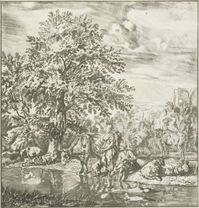Shepherd and Shepherdess with Flock by a River (series title) by Cornelis Ploos van Amstel