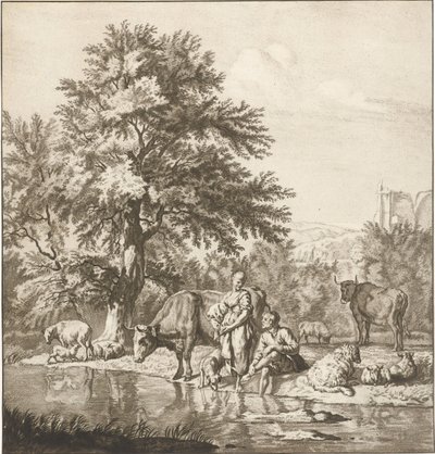 Shepherd and Shepherdess with Flock by a River (series title: Printwork) by Cornelis Ploos van Amstel