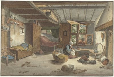 Interior with woman by cradle by Cornelis Ploos van Amstel