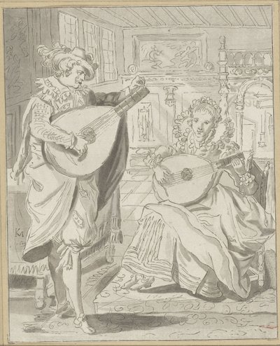 Gentleman and Lady Playing Lute by Cornelis Ploos van Amstel