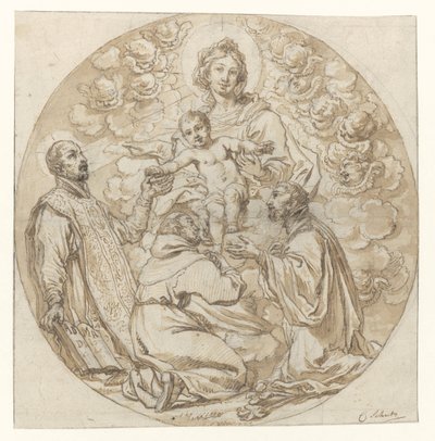 Mary with Child Adored by Saint Ignatius of Loyola, Saint Francis Xavier, and a Holy Monk by Cornelis Schut (I)