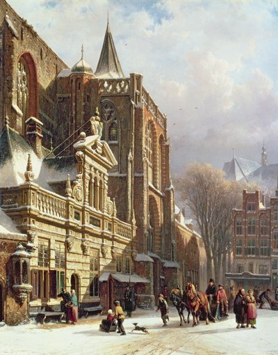 View of the Hoofdwacht and the Grote Kerk, Zwolle by Cornelis Springer